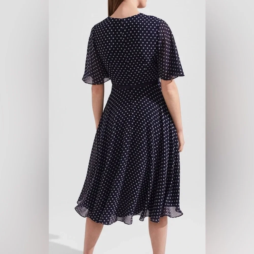 Hobbs London Spot Celia Fit & Flare Navy Polka Dot Midi Dress - size 14